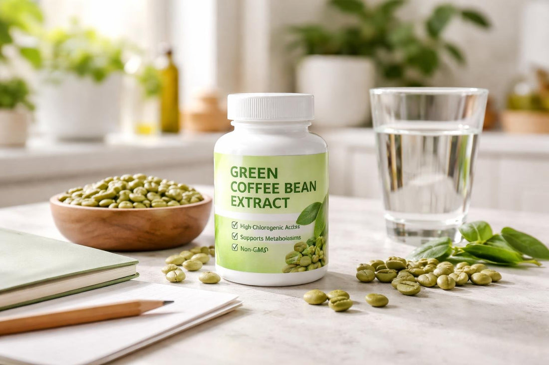 Green coffee bean extract capsules with label checklist