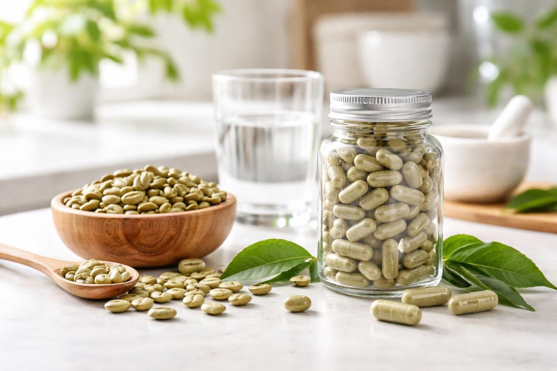 Green coffee bean extract capsules beside unroasted beans