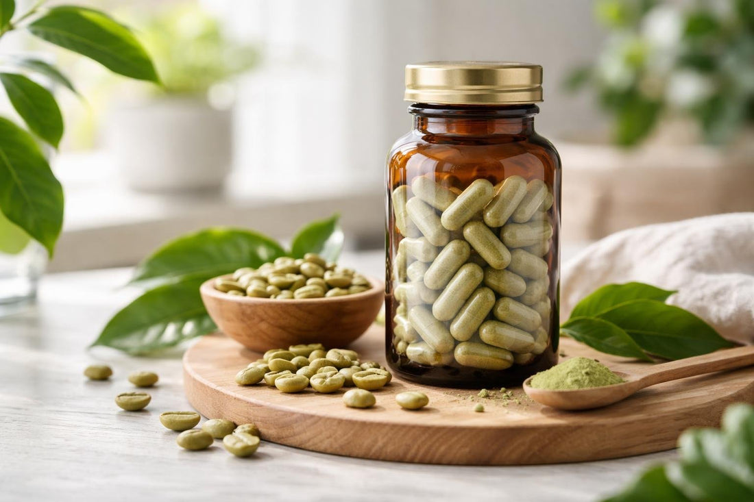 Glass bottle of green coffee bean extract supplements
