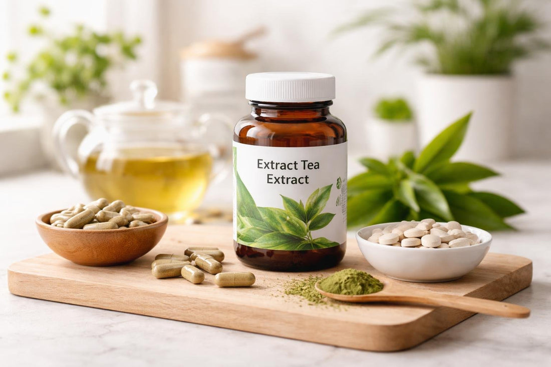 Green tea extract capsules and tablets on a kitchen table