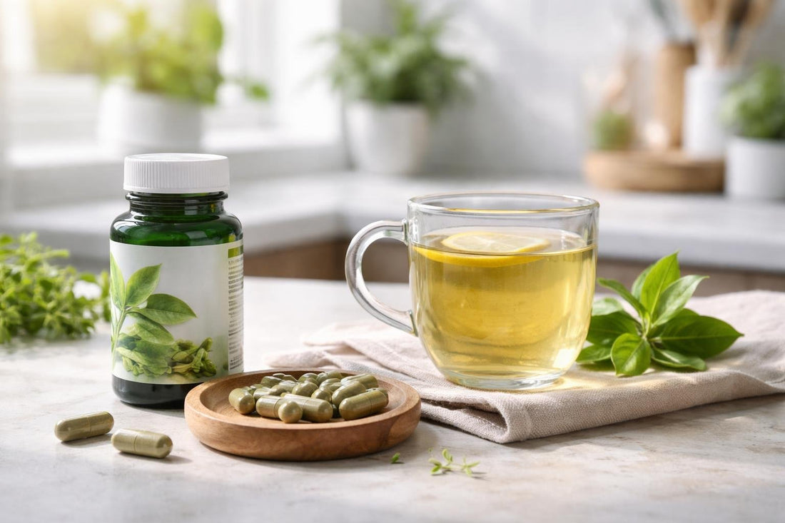 Green tea extract capsules with mug of green tea