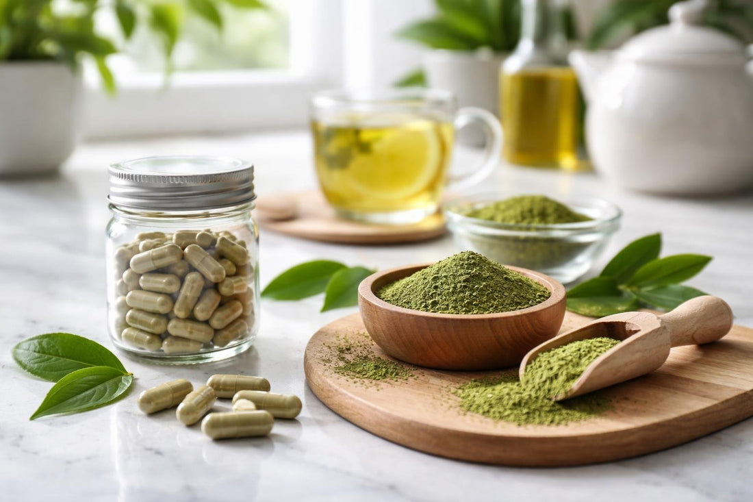 Green tea extract capsules and powder on kitchen counter
