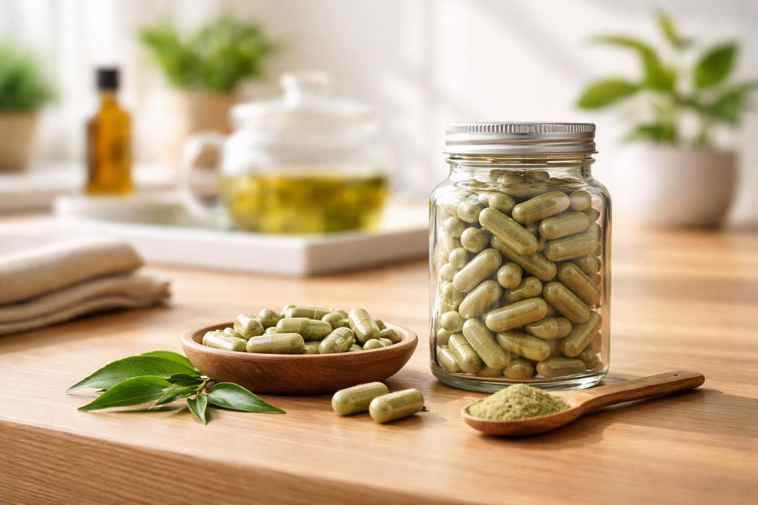 jar of green tea extract capsules on wooden table