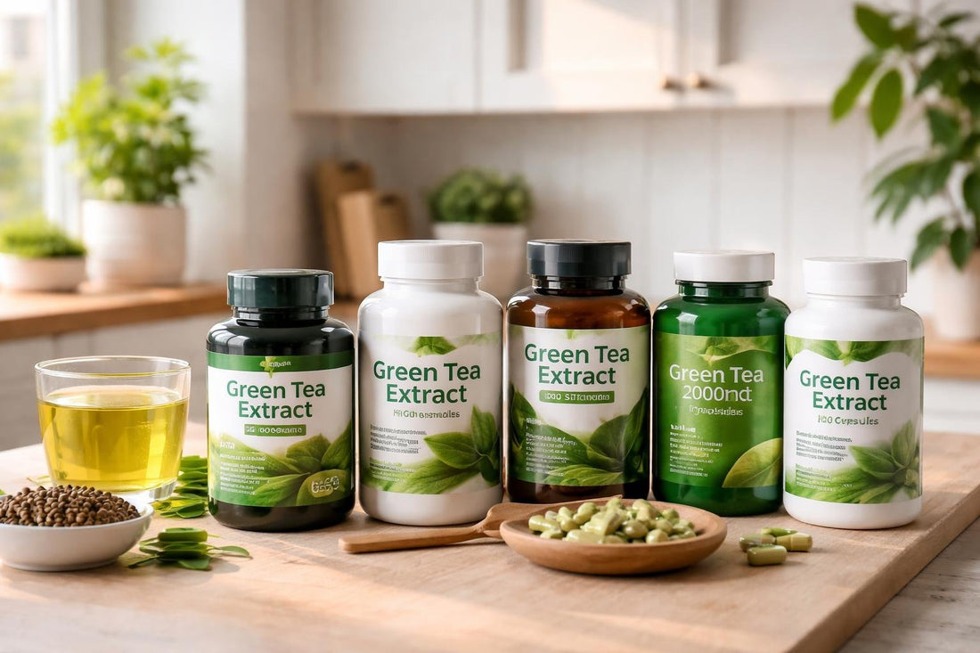selection of green tea extract supplements on shelf