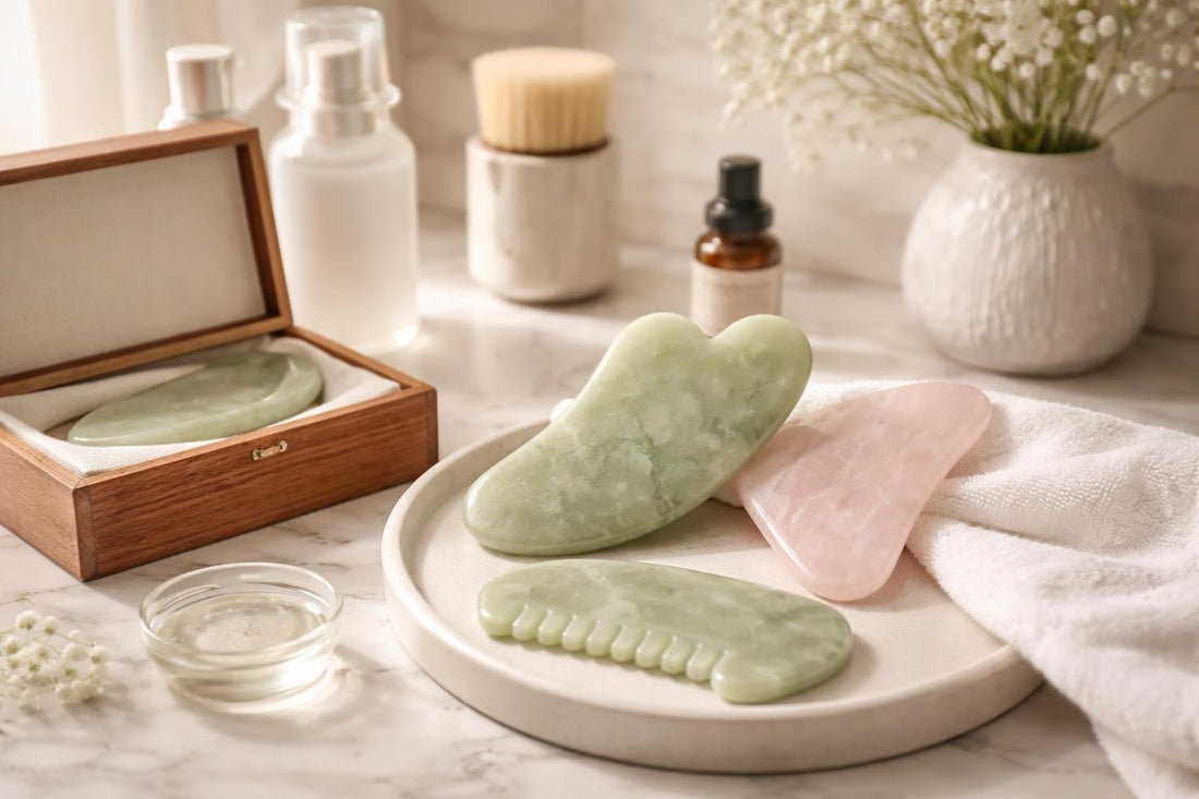 Gua Sha facial and body tools on marble surface
