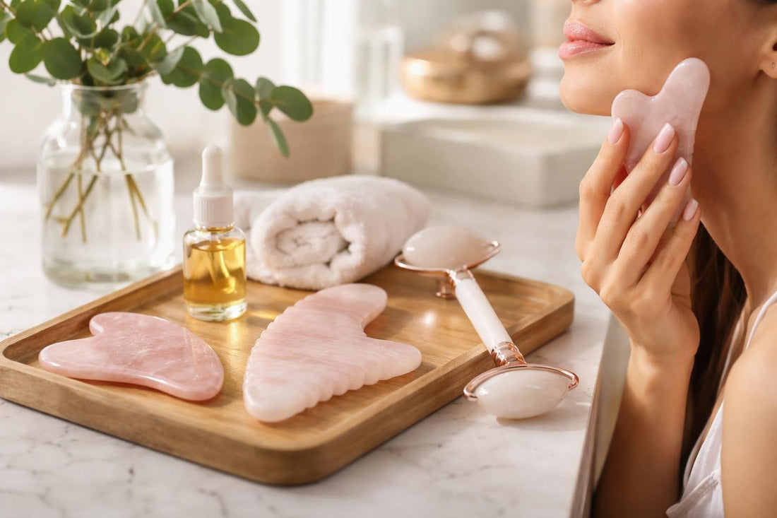 Gua sha facial and body set used on jawline
