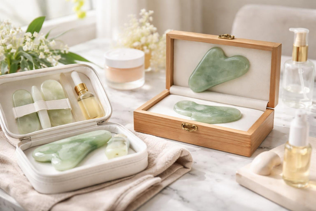 Gua sha tools on travel vanity for sensitive skin
