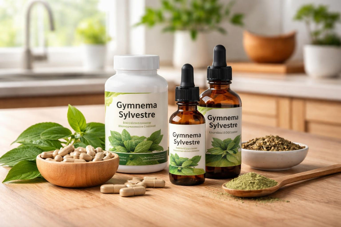 Gymnema sylvestre supplements selection on wooden table