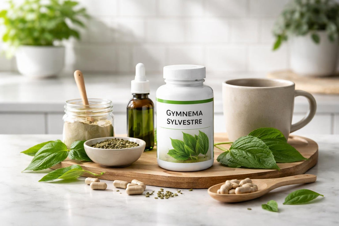 Gymnema sylvestre leaves and capsules on a kitchen counter