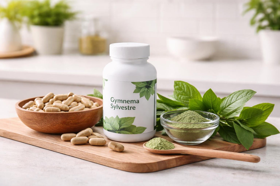 Gymnema sylvestre supplement capsules and leaves on table