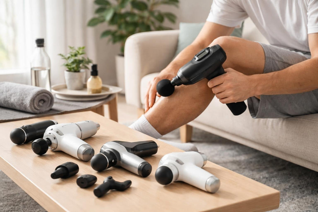 Handheld massager used on calf muscle for recovery