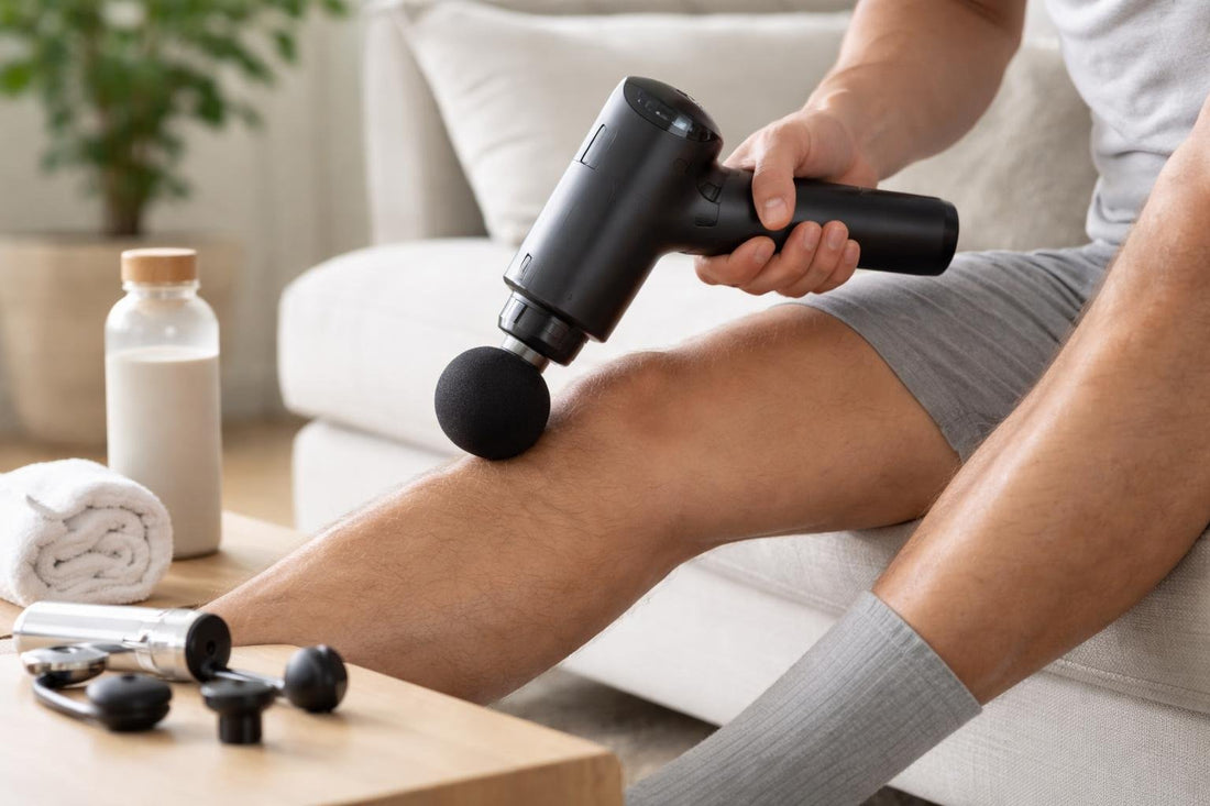 Handheld massager used on calf for home recovery