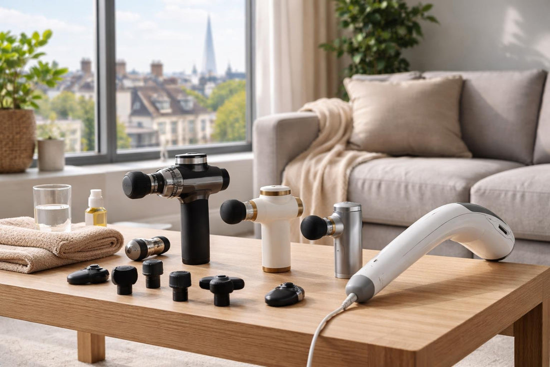 Handheld massagers collection in a London living room setting