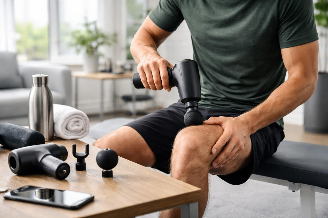 Athlete using handheld percussive massager on thigh