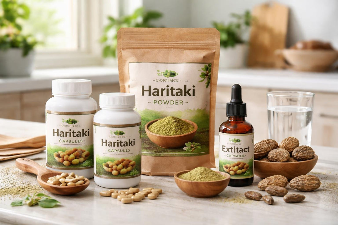 Haritaki supplements collection in jars and capsules