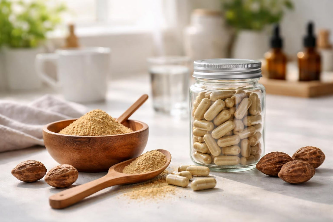Jar of Haritaki capsules and powder on table