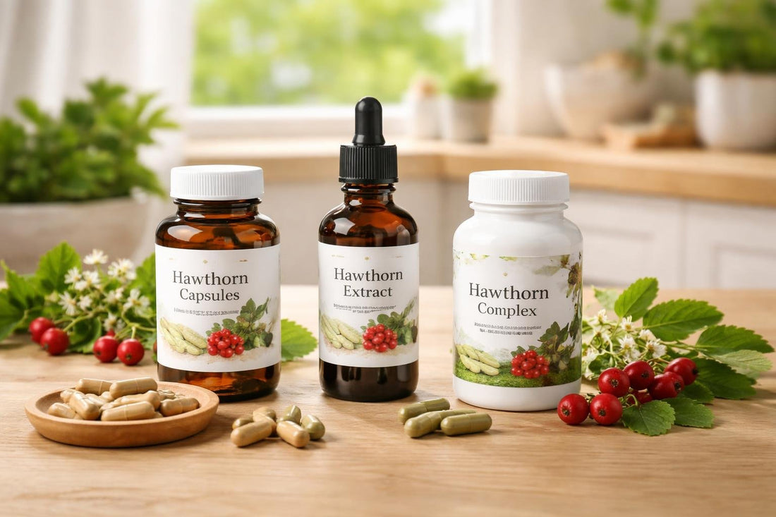 Bottles and capsules of hawthorn supplements on wood