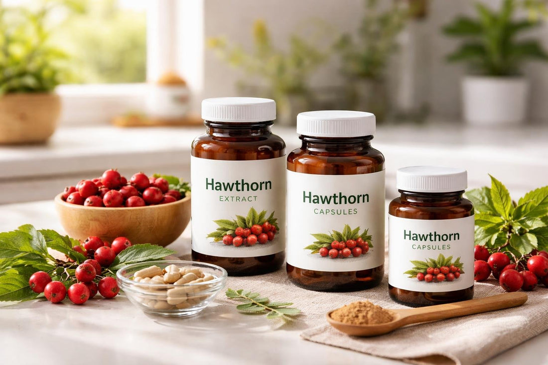 Hawthorn herbal supplement bottles with berries in seasonal setting