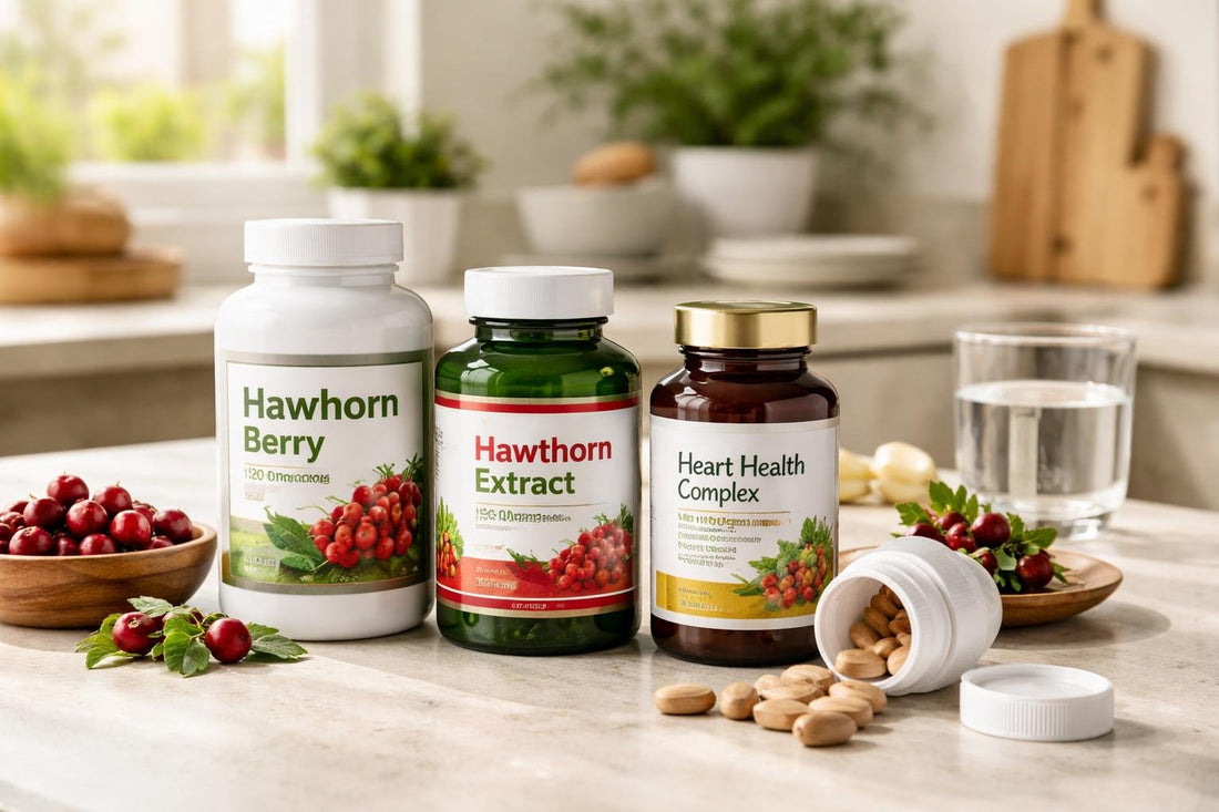 Selection of hawthorn supplement bottles and capsules