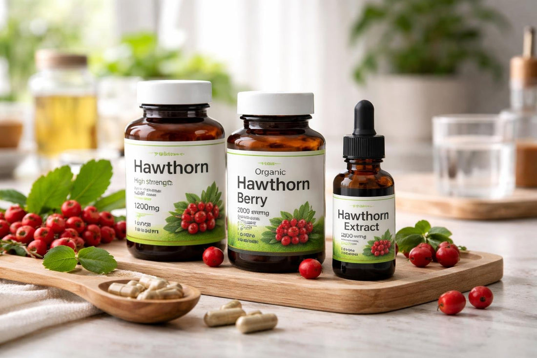 Hawthorn supplements, bottles and labels close-up