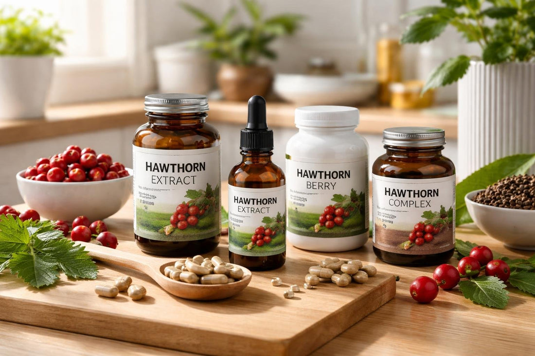 Assorted hawthorn supplements and capsules on wood