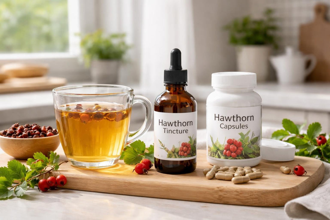 Hawthorn tea, tincture and capsules on a kitchen counter