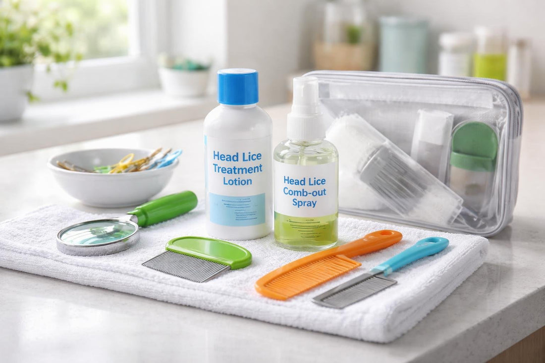 Affordable head lice treatment kit laid out for school kids