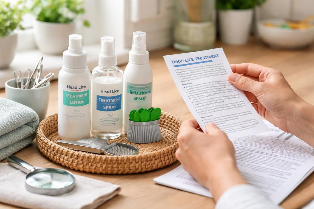 Parent checking head lice treatment kit contents carefully