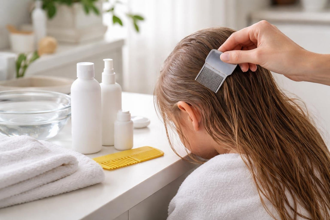 Parent using nit comb after head lice rinse