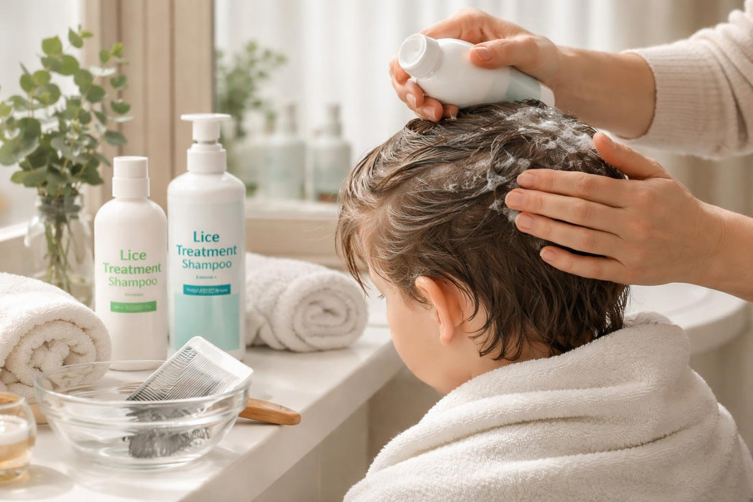 Parent applying lice treatment to child hair