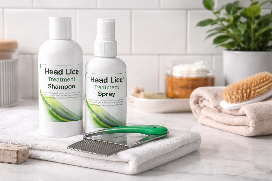 Head lice shampoo and nit comb on bathroom shelf