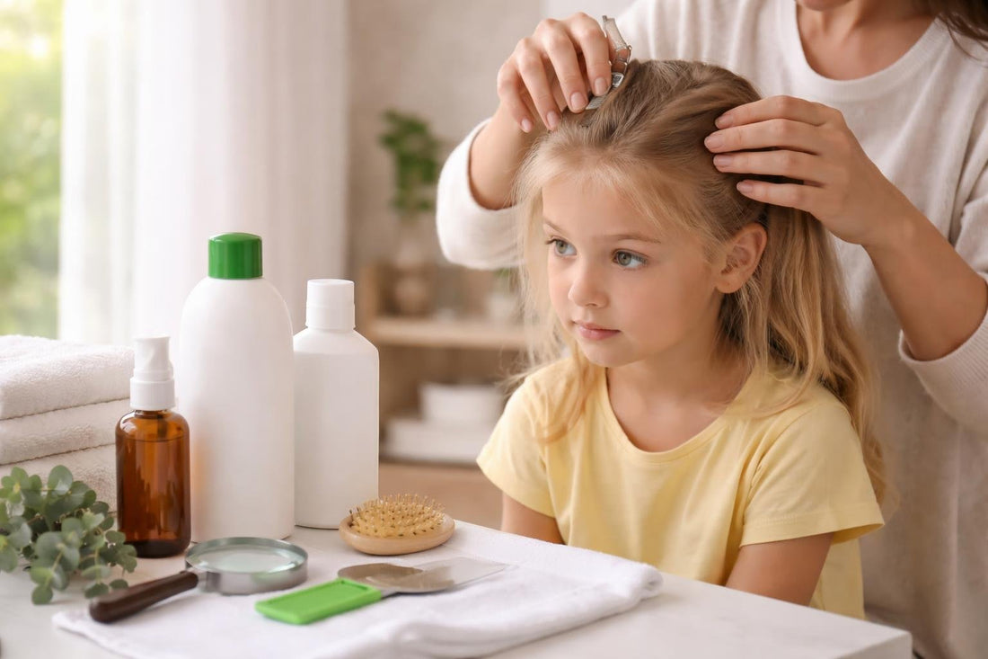 Parent checking school-age child’s hair for lice