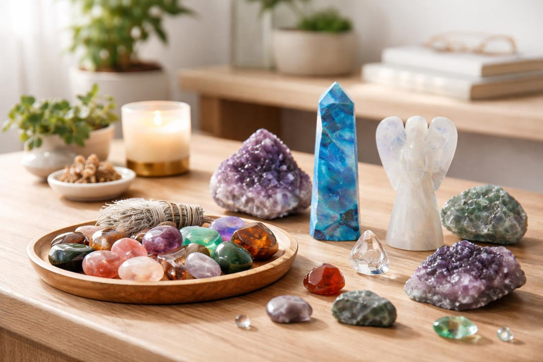 assorted healing crystals collection on wooden table UK