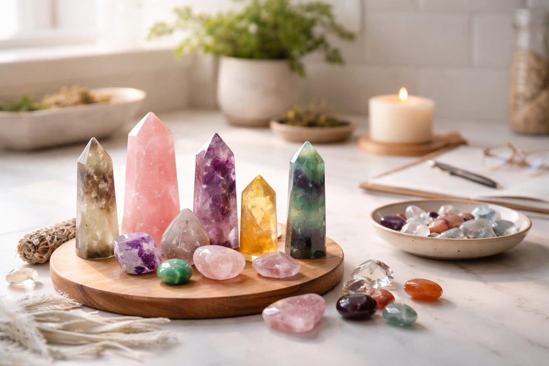 Assorted healing crystal wands, towers and rose quartz