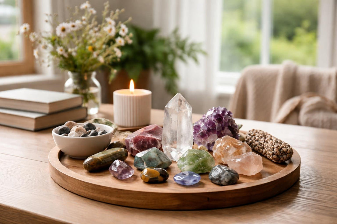 Healing crystals collection on wooden tray in Yorkshire home