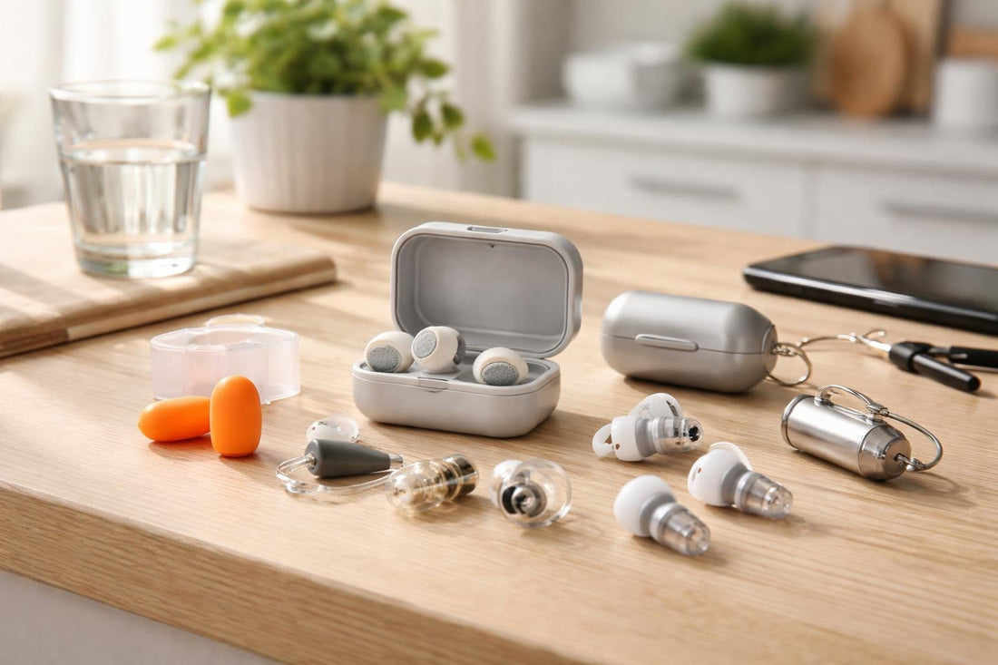 Different hearing protection earplugs laid out for beginners to advanced
