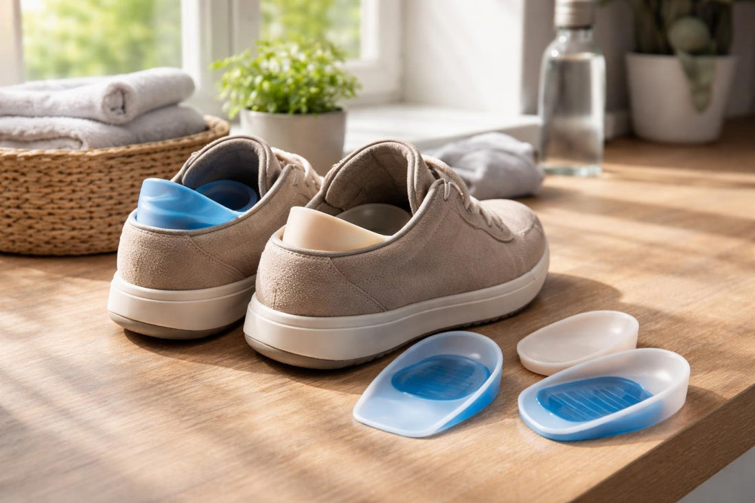 Heel cushion and cup inserts placed inside walking shoes