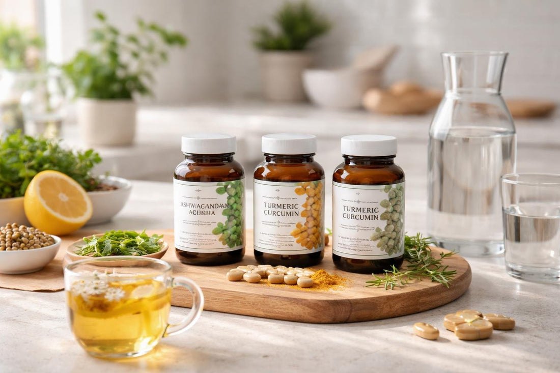 Herbal supplement essentials arranged with tea and water