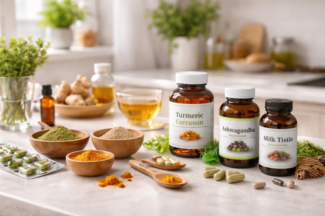 Selection of herbal supplements and powders on table