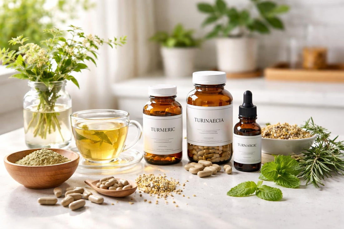 Herbal supplement essentials laid out with tea and capsules
