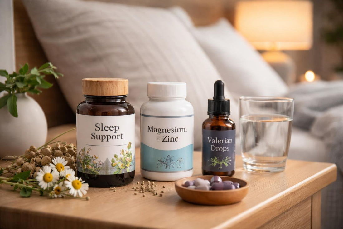 Herbal and nutritional sleep support bottles on bedside table