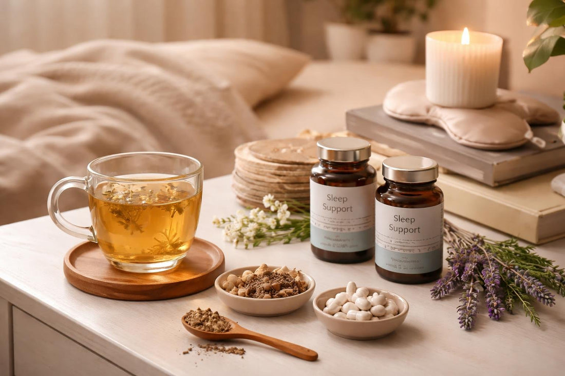 Herbal tea and supplements beside a calm bedtime setup