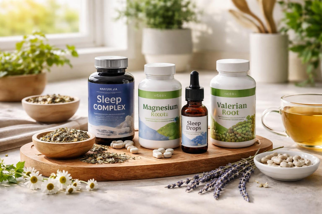 Assorted herbal sleep supplements and natural sleep aids