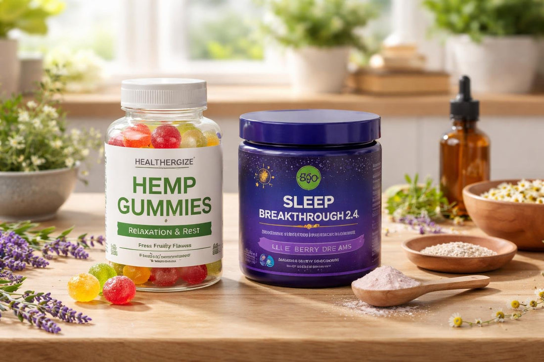 herbal supplements and sleep support products on wood