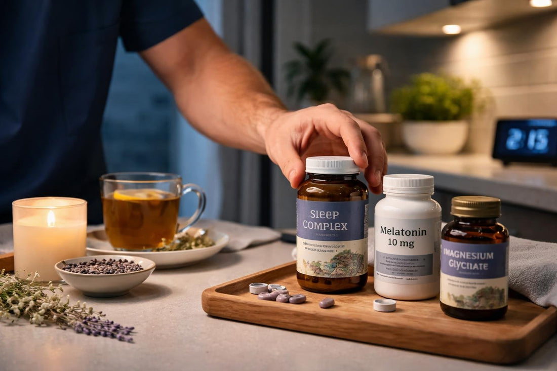 Shift worker choosing herbal sleep supplements at night