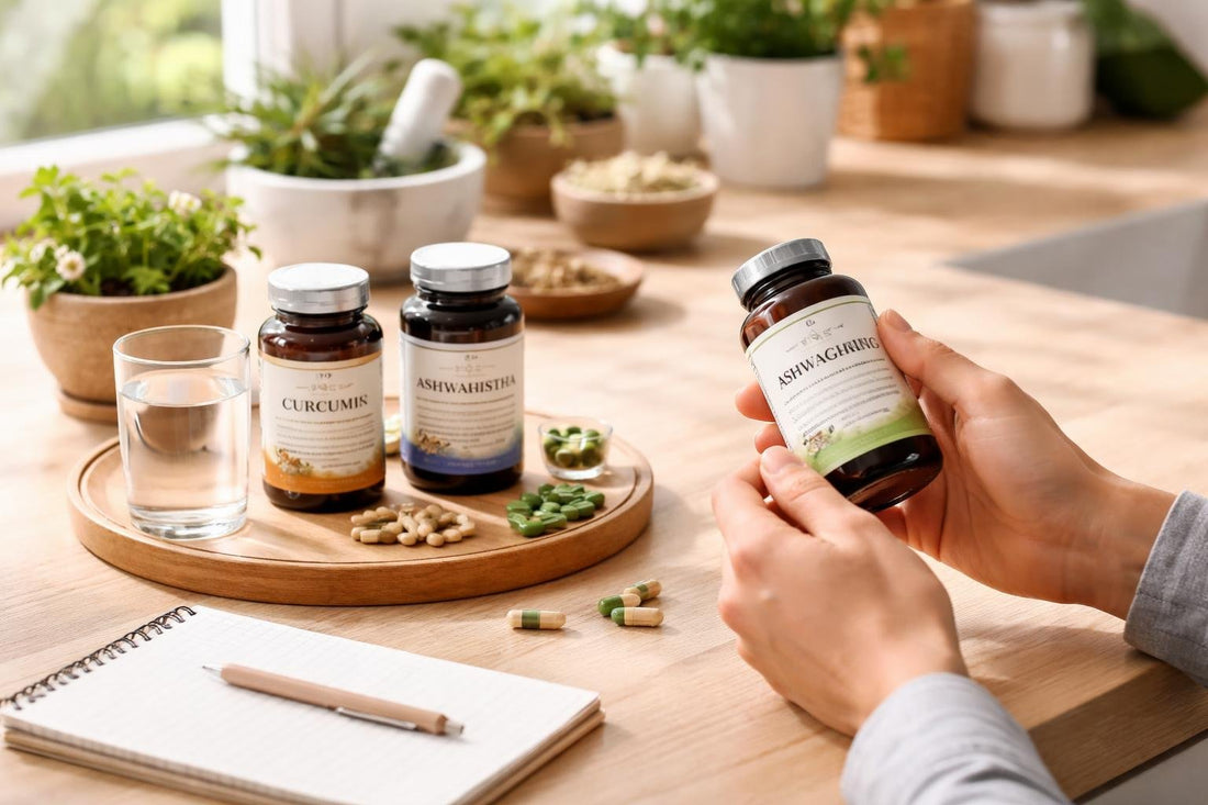 Beginner checking herbal supplement label for dosage guidance