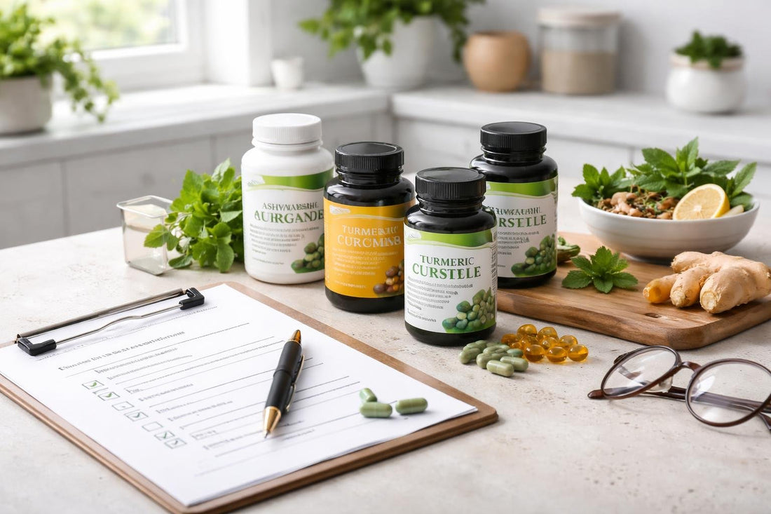 Herbal supplement bottles and troubleshooting checklist