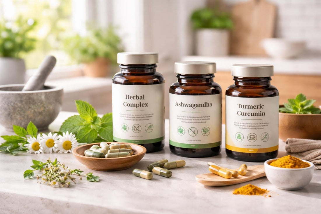 Herbal supplements, capsules and quality labels on table