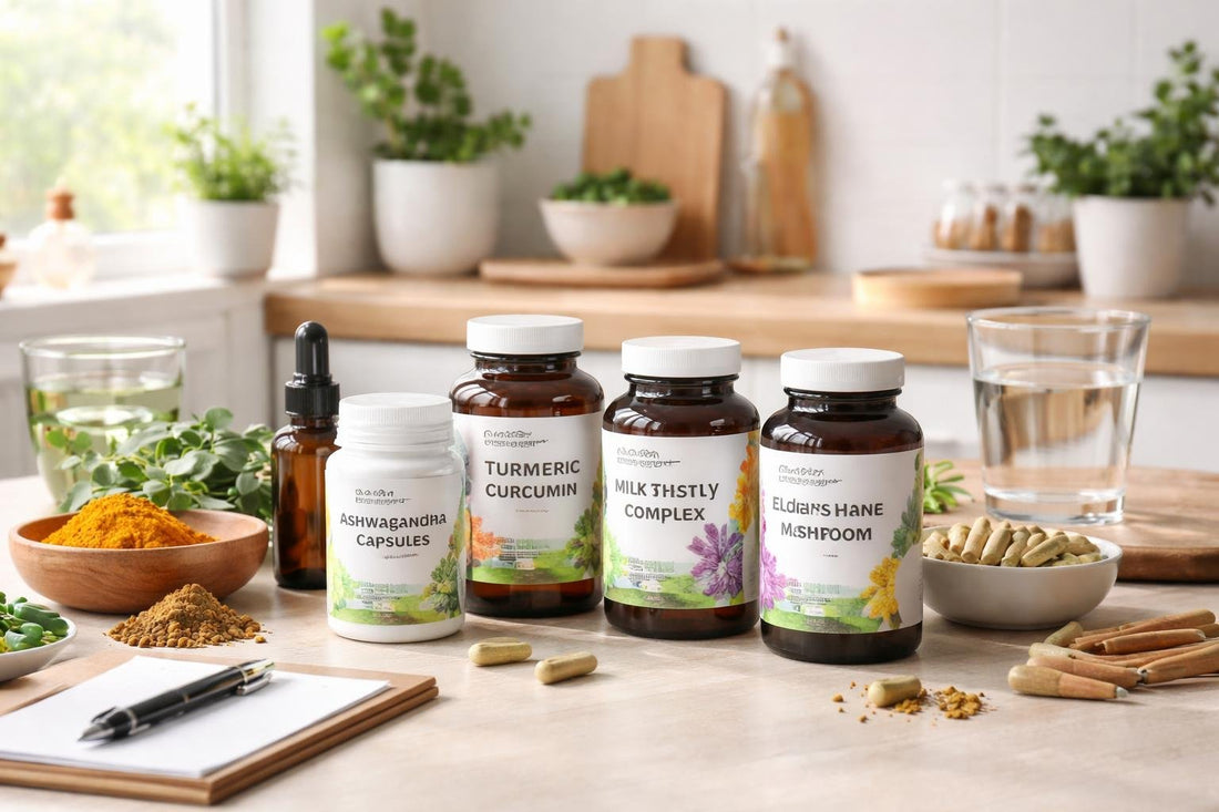 Herbal supplements and safety tips on a kitchen table