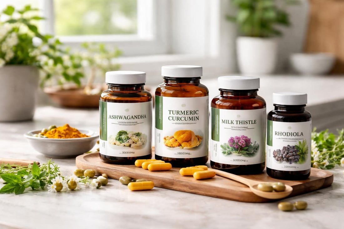 Assortment of herbal supplement bottles and capsules